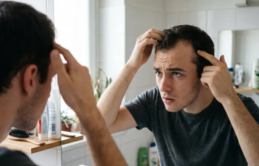 Jeune homme examinant sa ligne frontale dans un miroir — premiers signes de calvitie à 20 ans
