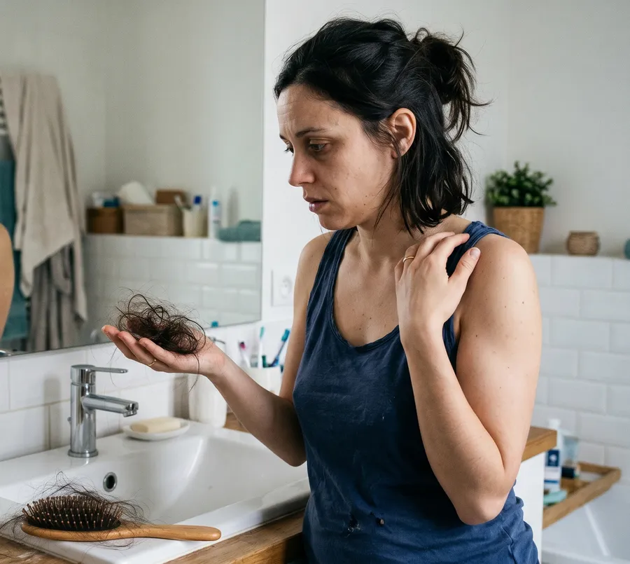 Femme regardant une brosse pleine de cheveux tombés dans sa salle de bain — chute de cheveux post-partum