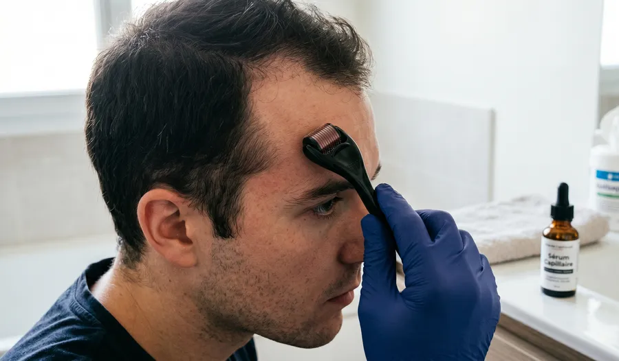 Dermaroller 0.5mm sobre un cuero cabelludo — protocolo de microagujamiento para las entradas