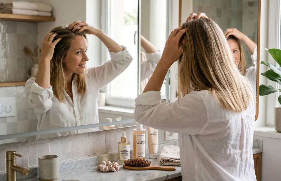Femme aux cheveux fins regardant sa chevelure dans un miroir — guide pour épaissir les cheveux fins